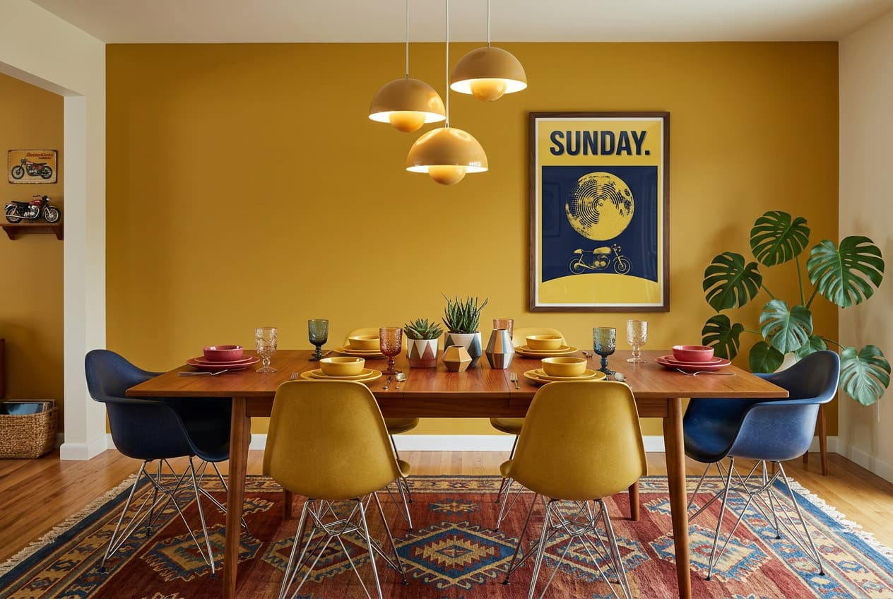 Mid-century decor idea: “Poster Motorcycle Sunday” in a dining room