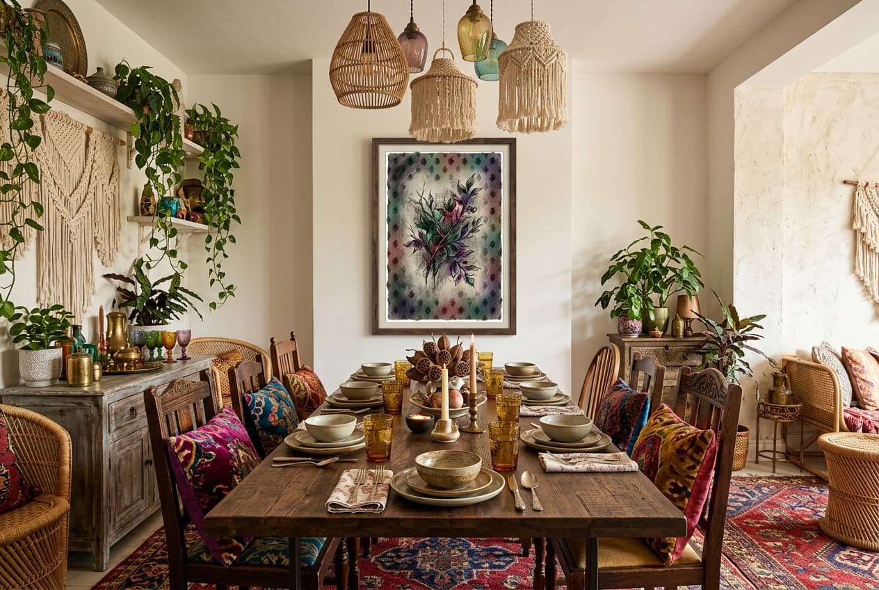 Quiet botanical poster in a bohemian dining room, a living green tribute brought indoors