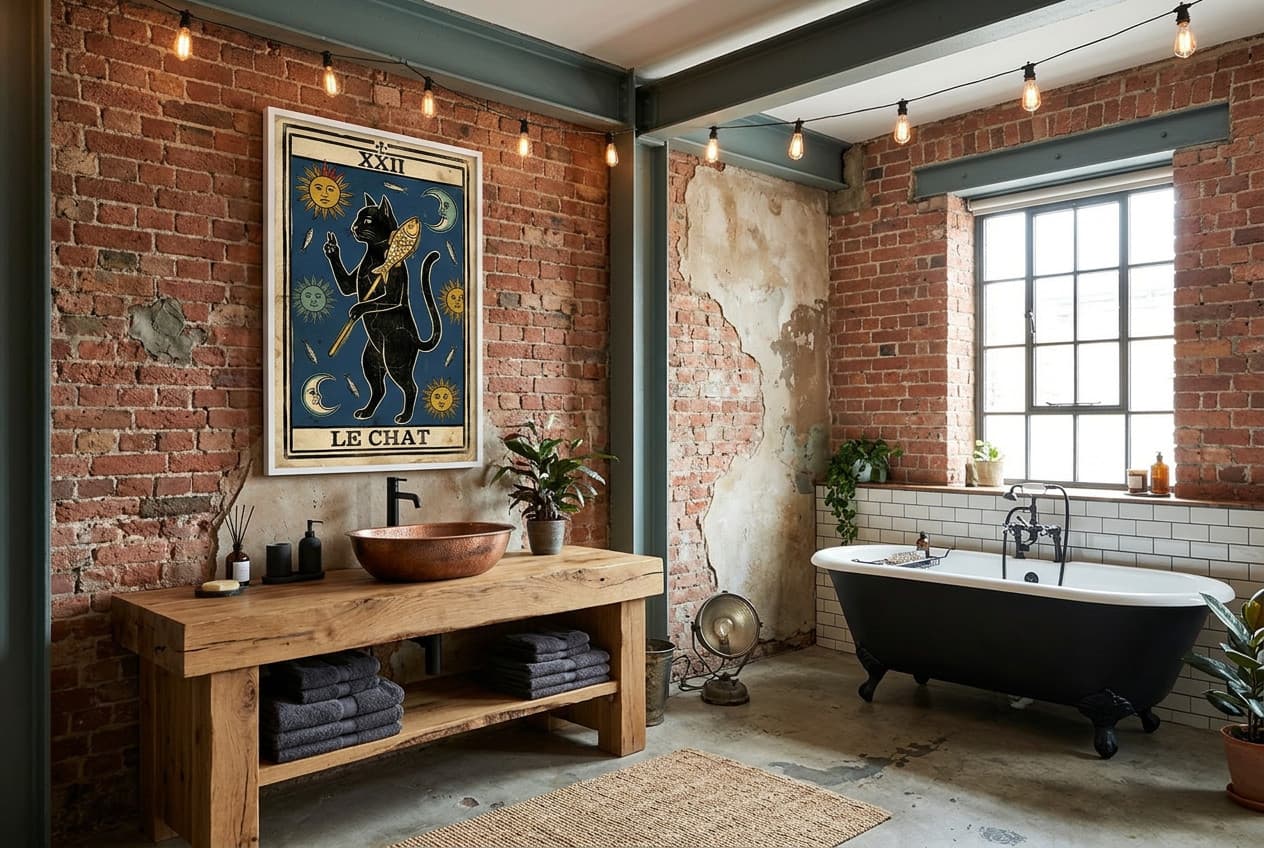 Industrial decor idea: “Poster Le Chat” in a bathroom