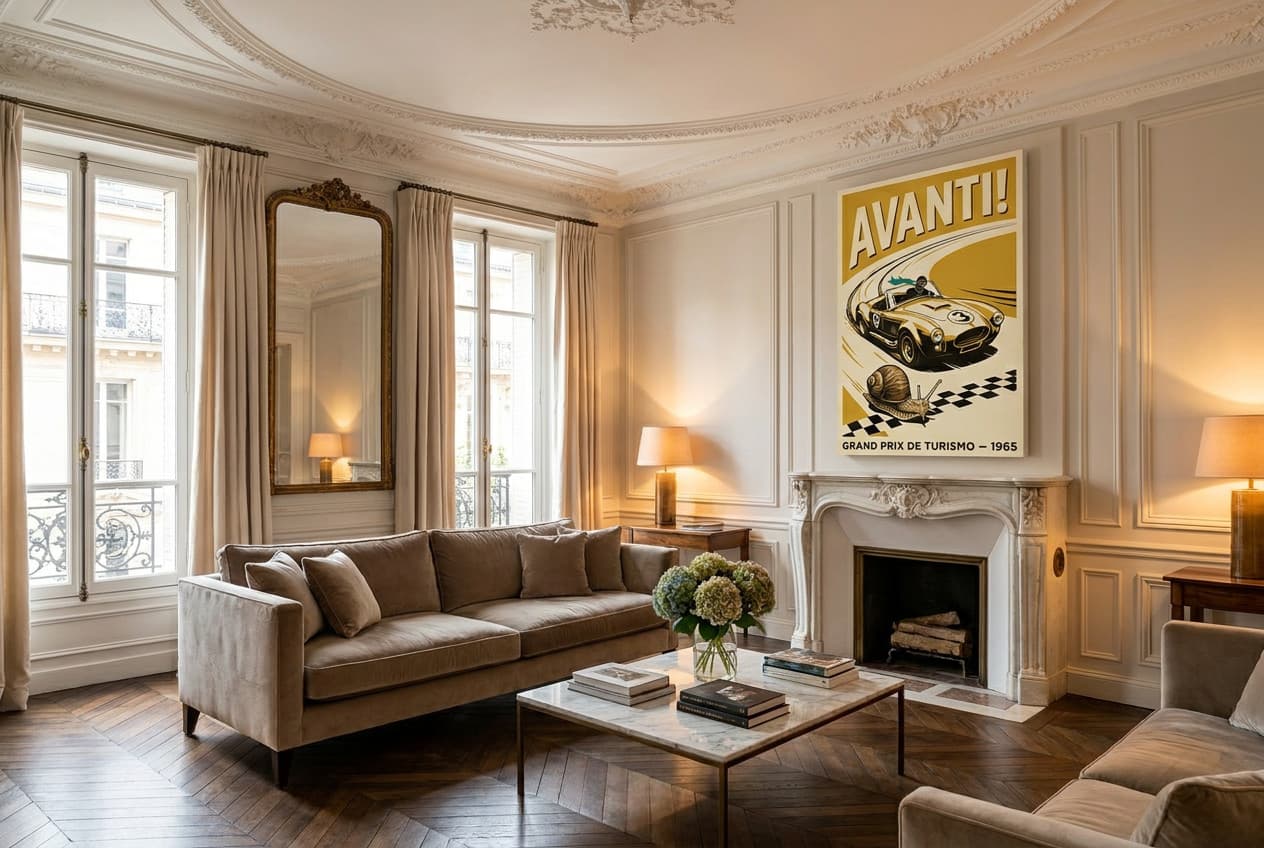 Parisian decor idea: “Canvas Vintage Car Avanti” in a living room