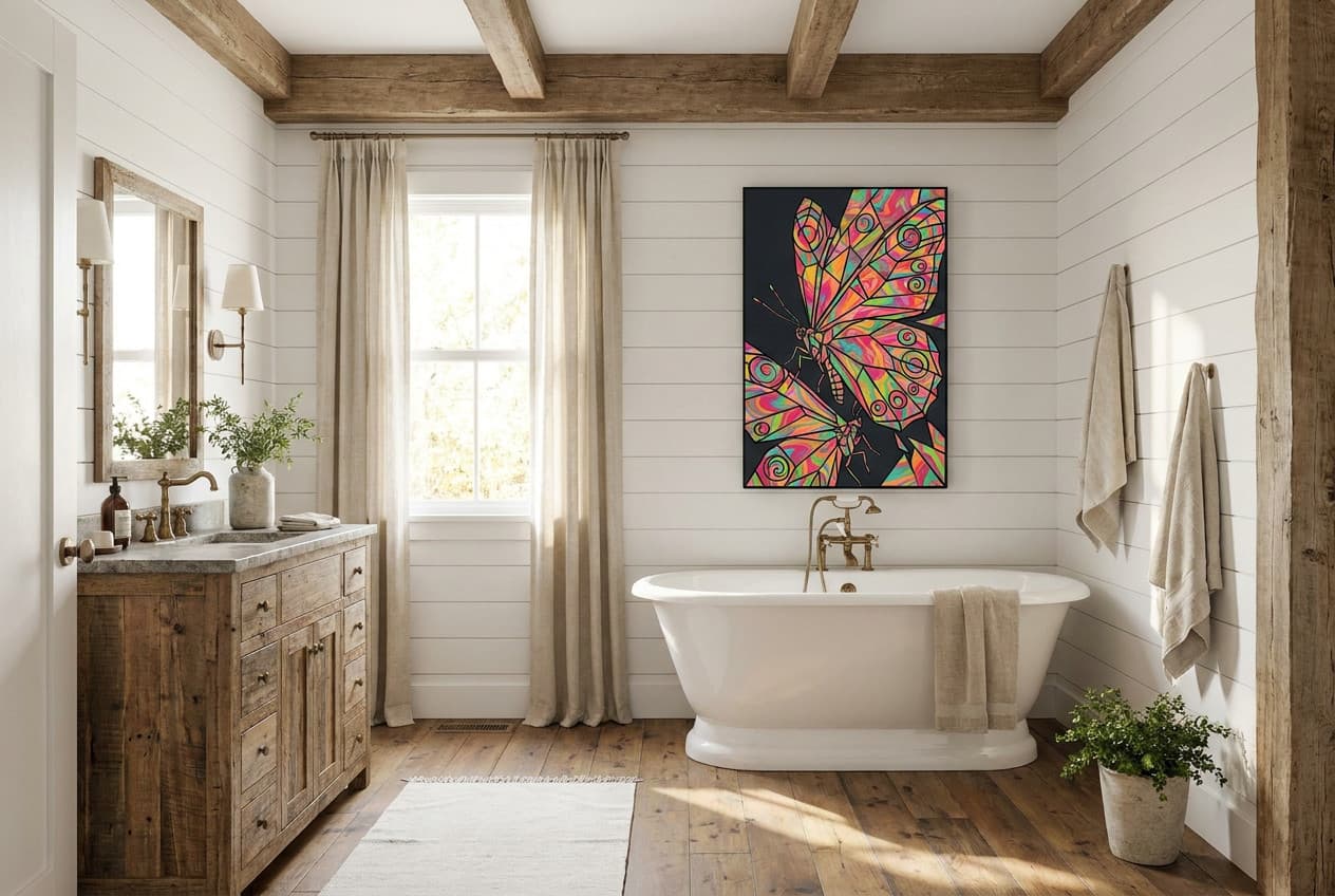 Farmhouse decor idea: “Canvas Butterfly Kaleidoscope” in a bathroom