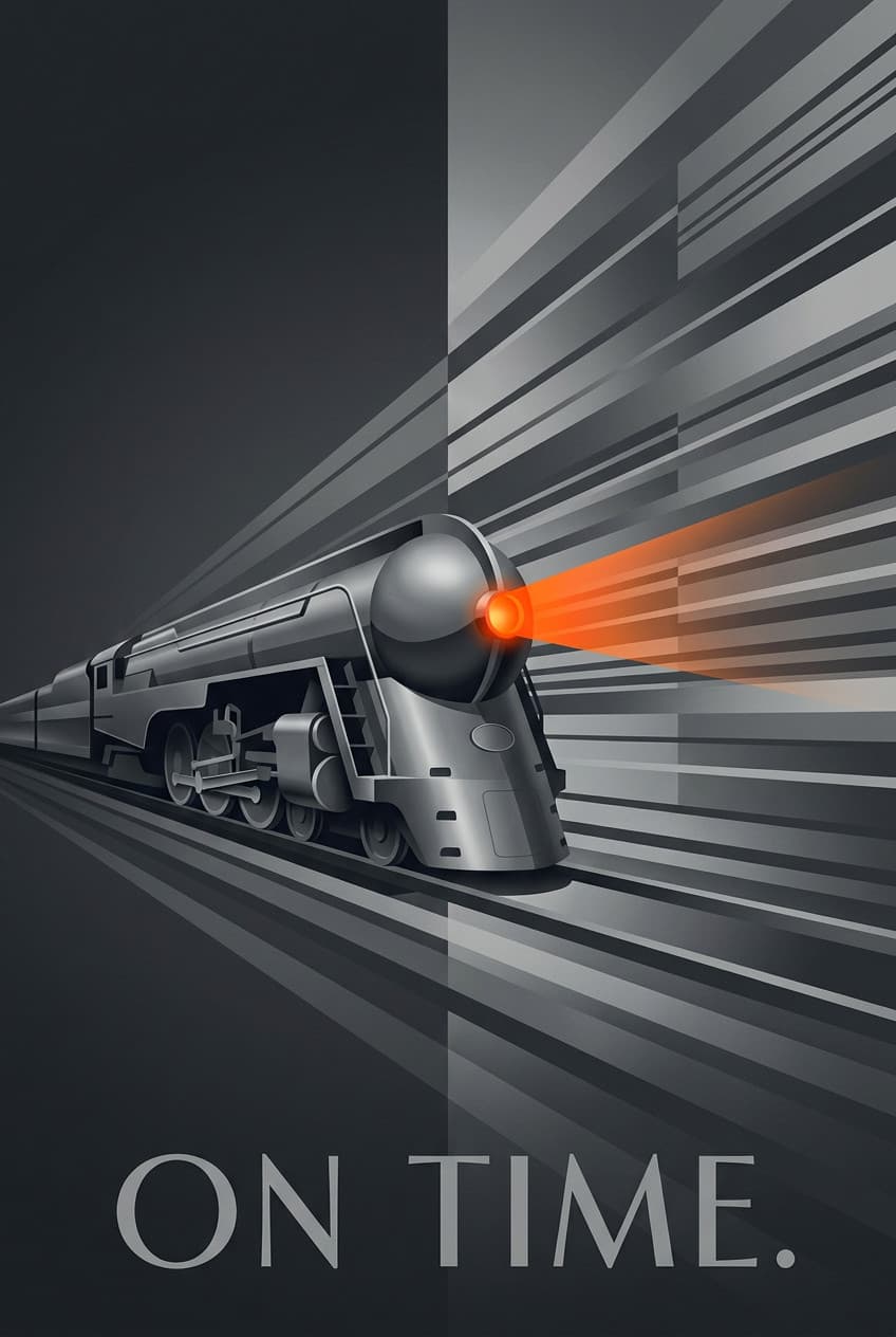 Poster of a train, "Poster Train On Time" artwork, showcasing a detailed locomotive on a track.