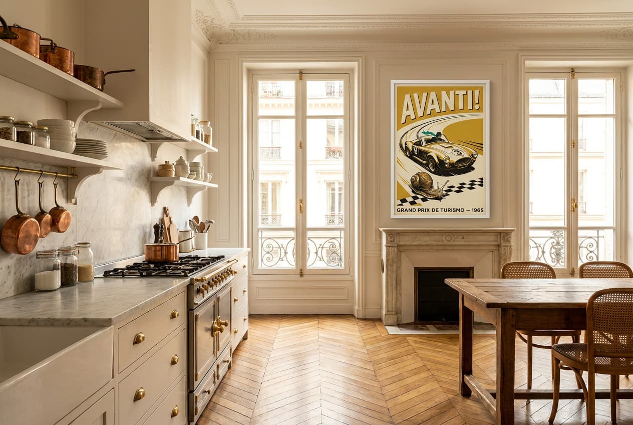 Parisian decor idea: “Poster Vintage Car Avanti” in a kitchen