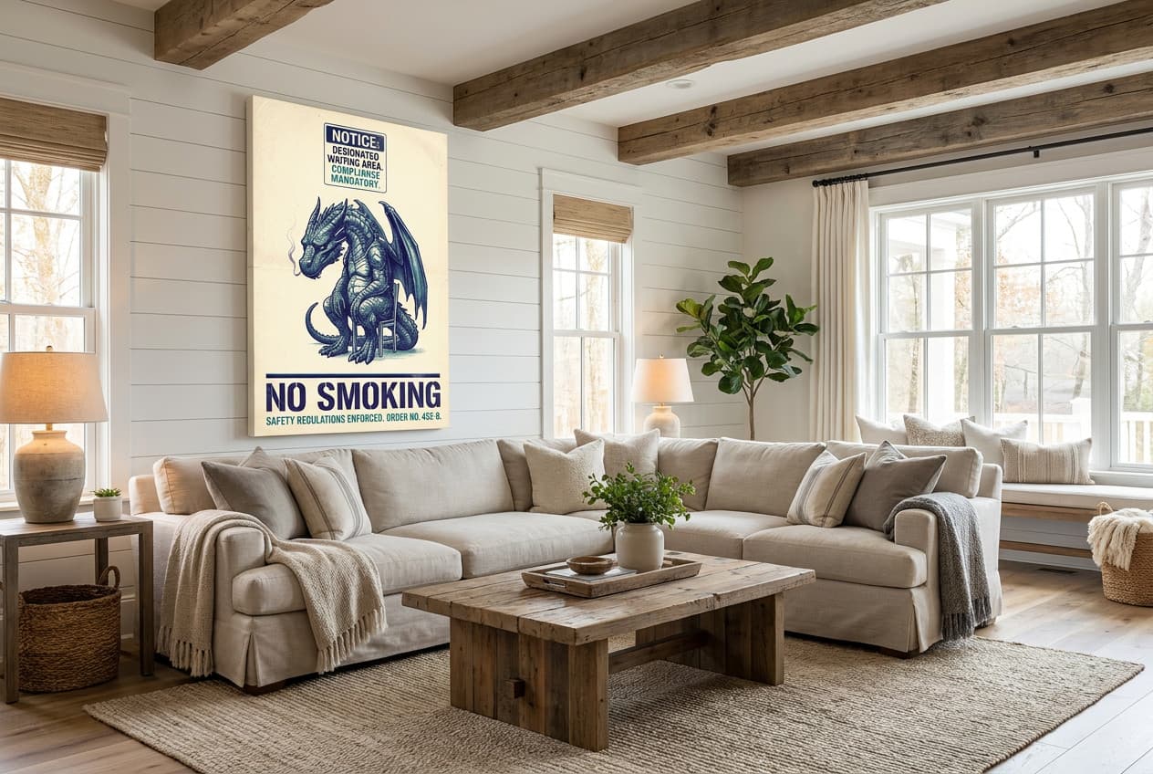 Farmhouse decor idea: “Canvas Dragon No Smoking” in a living room