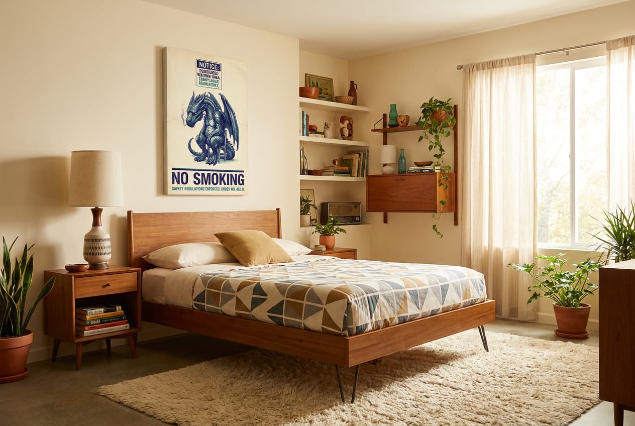 Mid-century decor idea: “Canvas Dragon No Smoking” in a bedroom