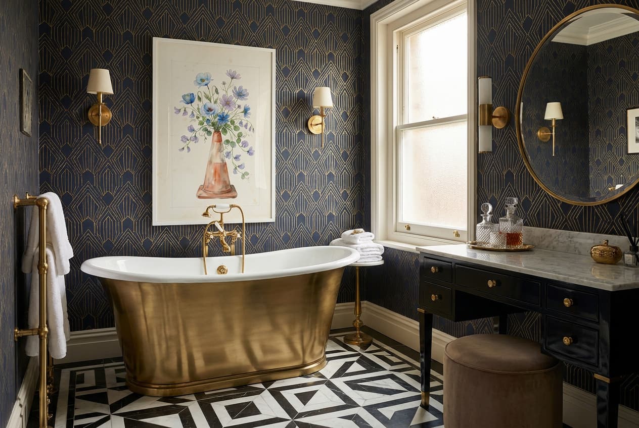Art Deco decor idea: “Poster Watercolor Flowers Fig 1” in a bathroom