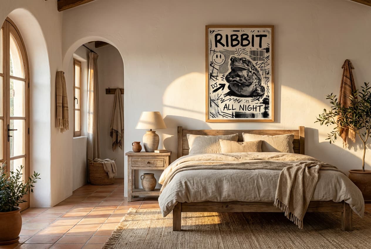 Playful frog poster bringing humor to a Mediterranean-style bedroom wall