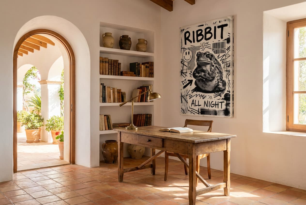 Mediterranean decor idea: “Canvas Frog Ribbit Rave” in a home office