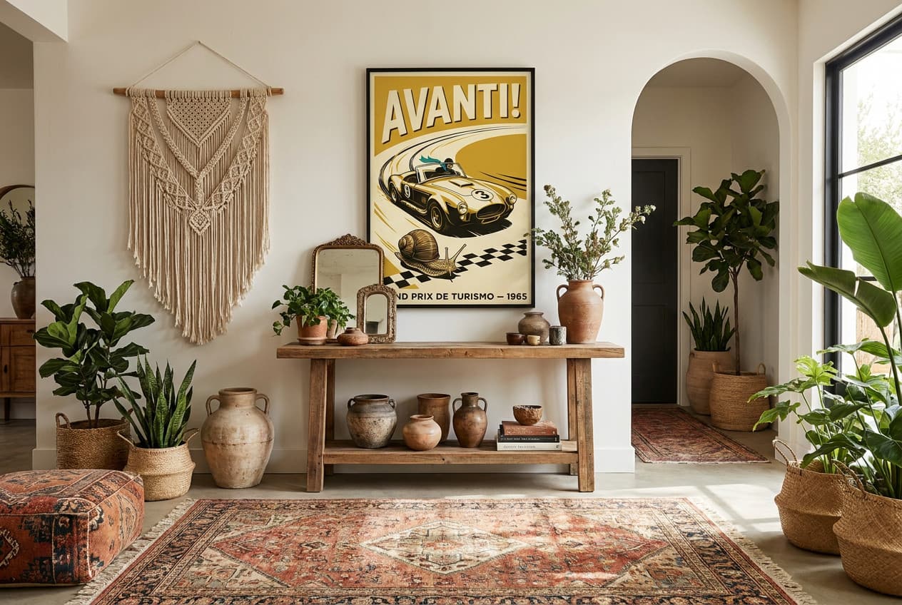 Bohemian decor idea: “Poster Vintage Car Avanti” in a hallway