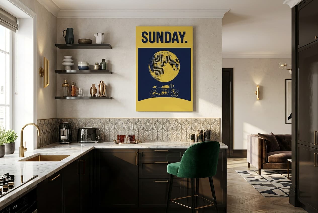 Art Deco decor idea: “Canvas Motorcycle Sunday” in a kitchen