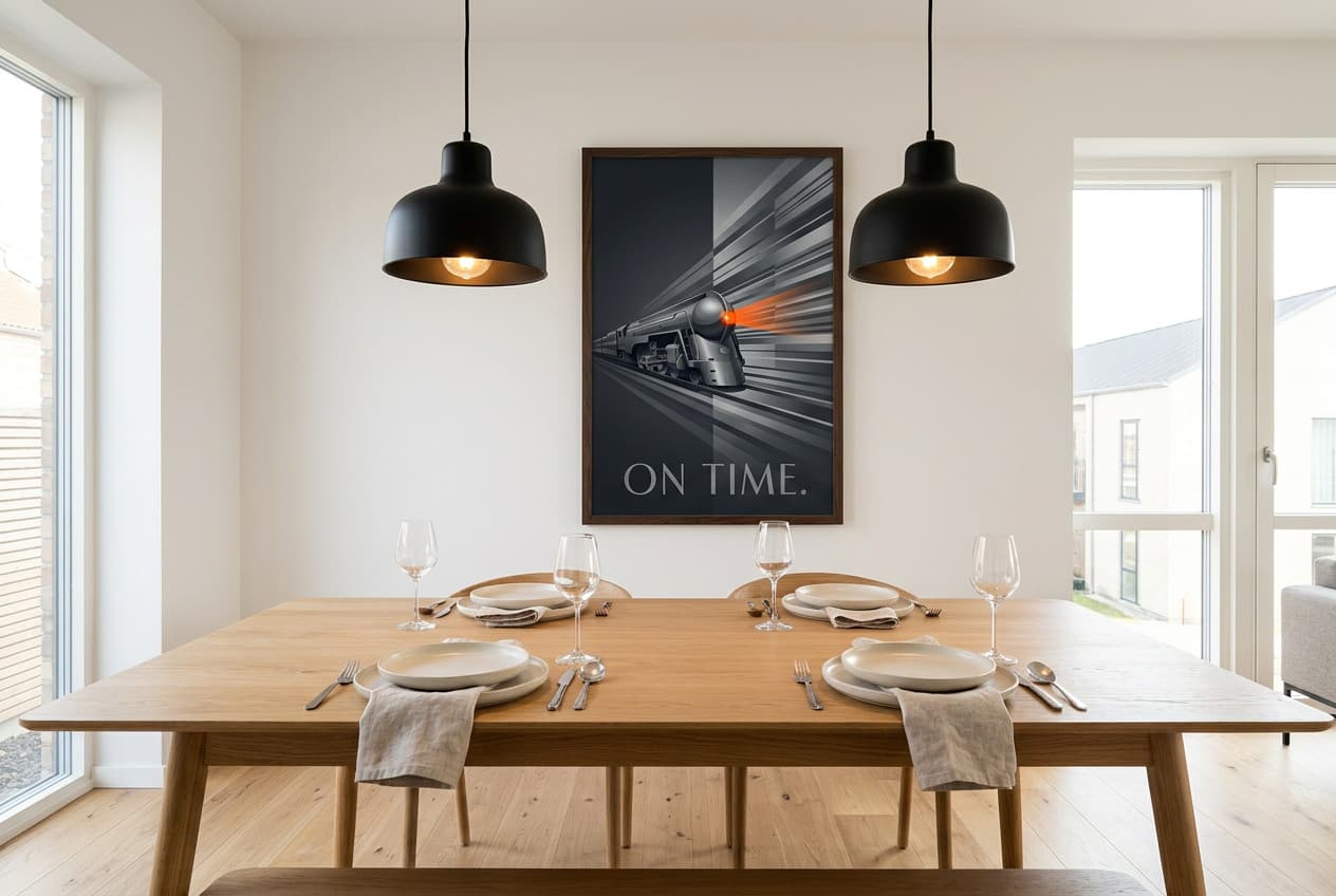 Scandinavian decor idea: “Poster Train On Time” in a dining room