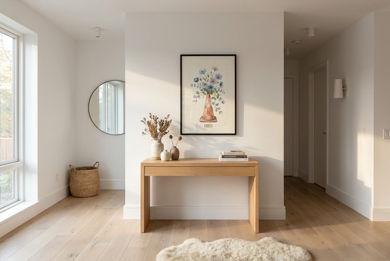 Watercolor flowers poster above a Scandinavian hallway console styled as a small memorial shelf