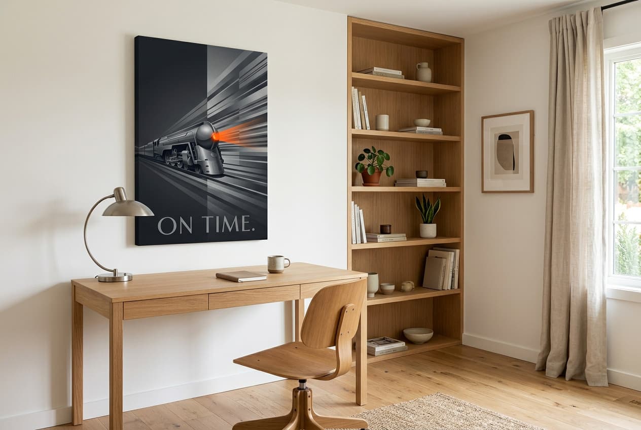 Scandinavian decor idea: “Canvas Train On Time” in a home office