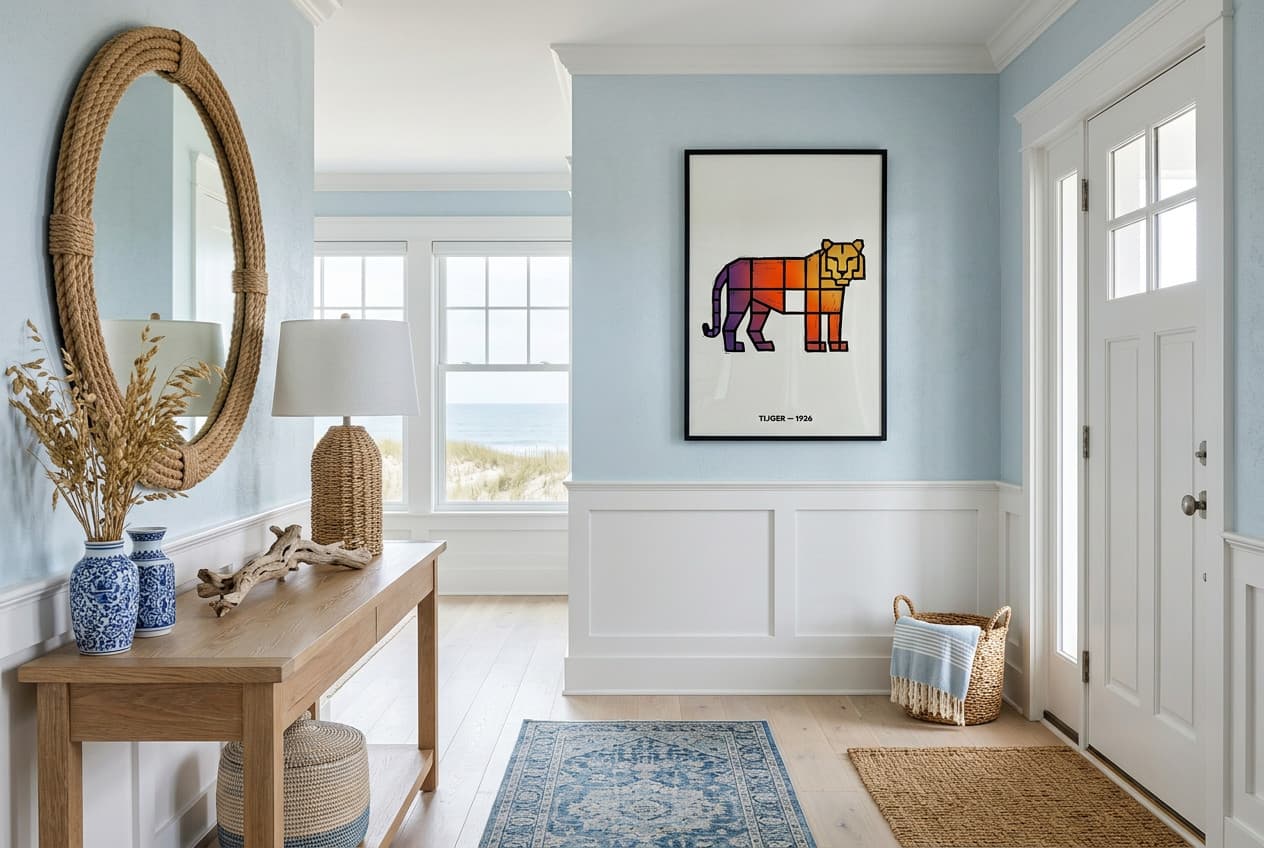Tiger art poster in a bright coastal hallway, the kind of spot that suits a dog corner