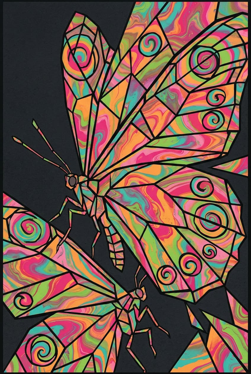 Canvas Butterfly Kaleidoscope art print featuring a butterfly with intricate, colorful kaleidoscopic wing patterns on a stret