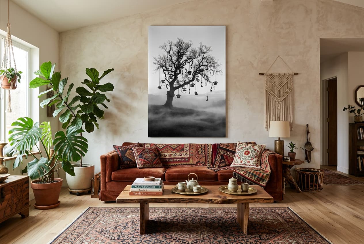 Black and white canvas of a misty oak hung with telephones in a bohemian living room