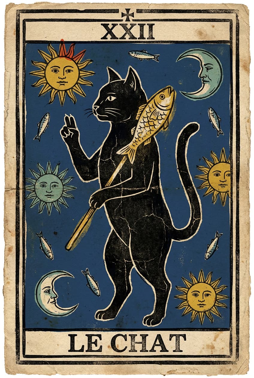 Canvas Le Chat art print featuring a mystical cat depicted as a tarot card, printed on stretched canvas.