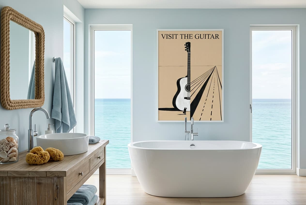 Coastal decor idea: “Poster Guitar Grand Tour” in a bathroom