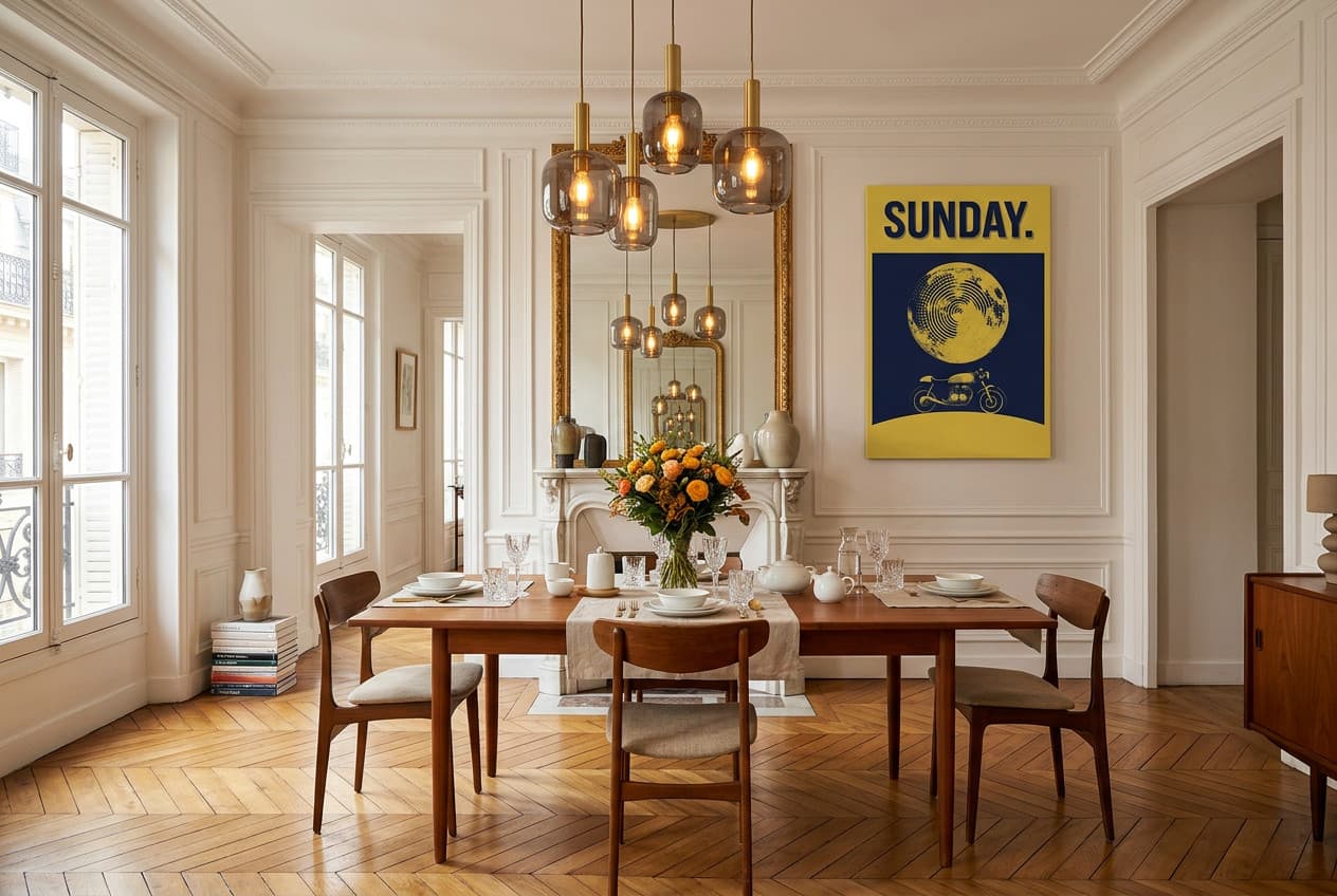 Parisian decor idea: “Canvas Motorcycle Sunday” in a dining room