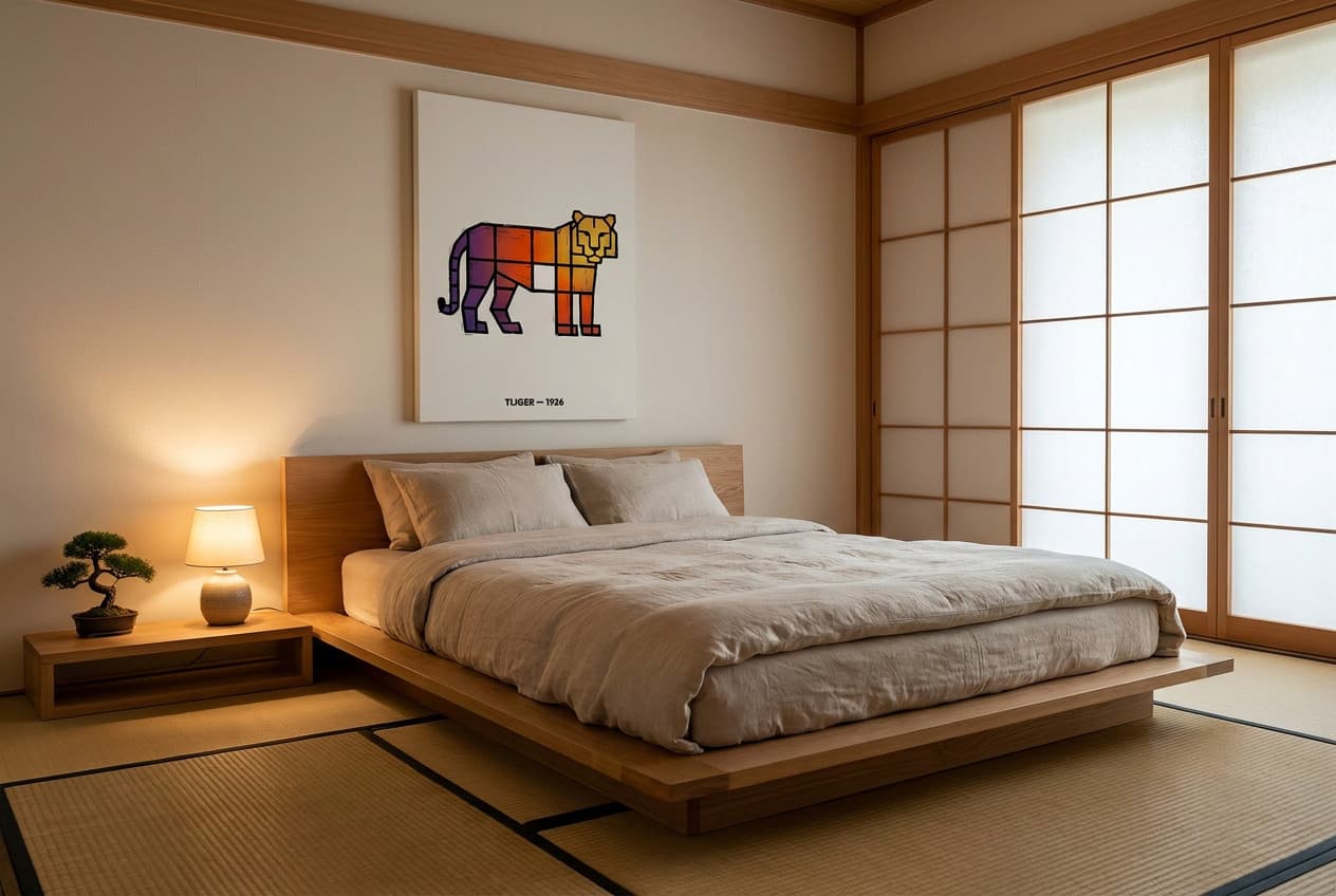 Japanese decor idea: “Canvas Tiger Sunset Grid” in a bedroom