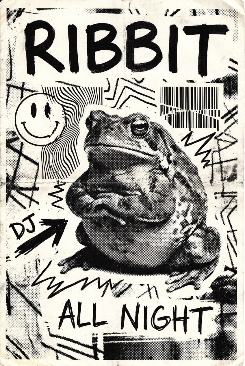 Poster Frog Ribbit Rave art print featuring a frog in a lively, celebratory pose on enhanced matte paper.