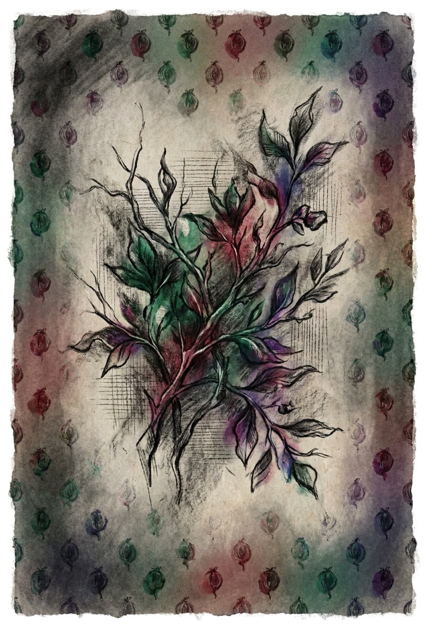 Poster print titled "Quiet Botanics" showcasing serene botanical growth with soft colors and delicate details.