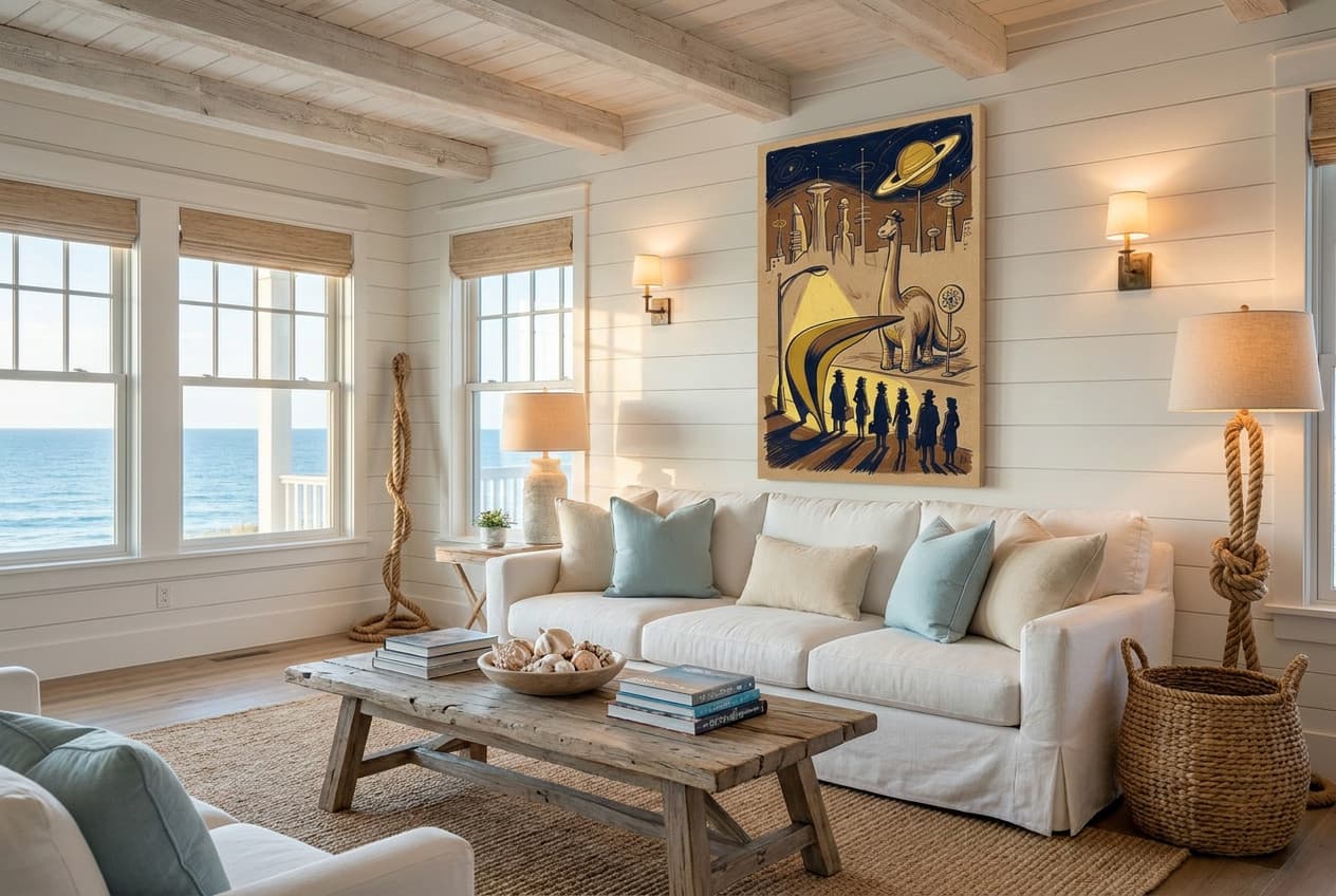 Coastal decor idea: “Canvas Dinosaur Atomic City” in a living room
