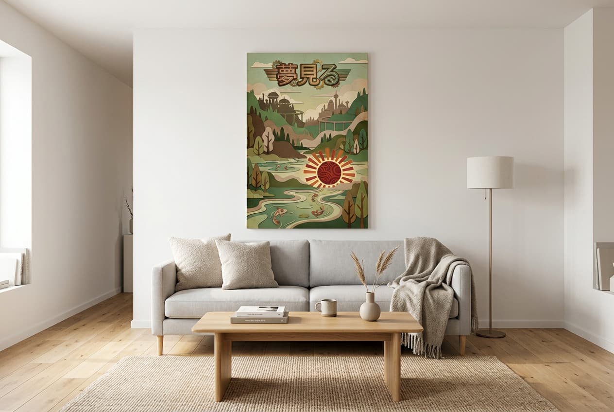 Scandinavian decor idea: “Canvas Koi and Red Sun” in a living room
