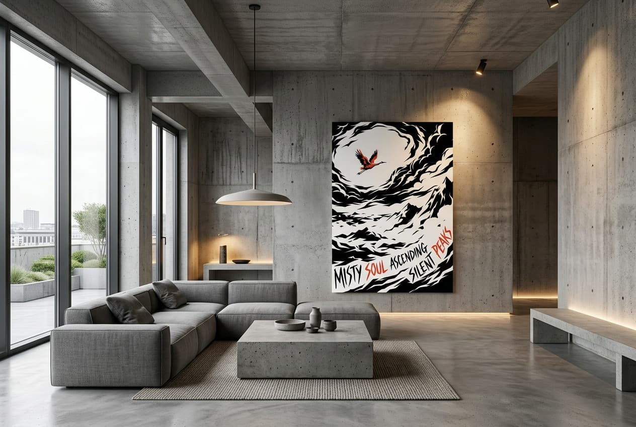 Brutalist decor idea: “Canvas Crane Over Mist” in a living room