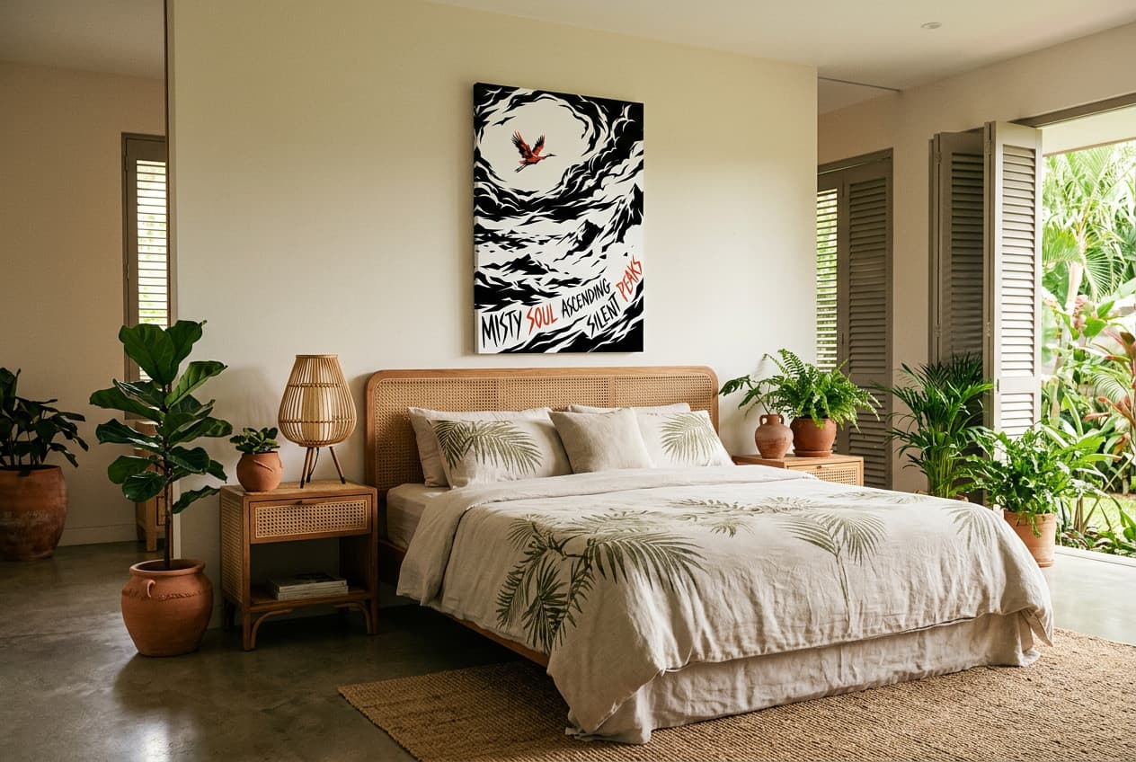 Tropical decor idea: “Canvas Crane Over Mist” in a bedroom