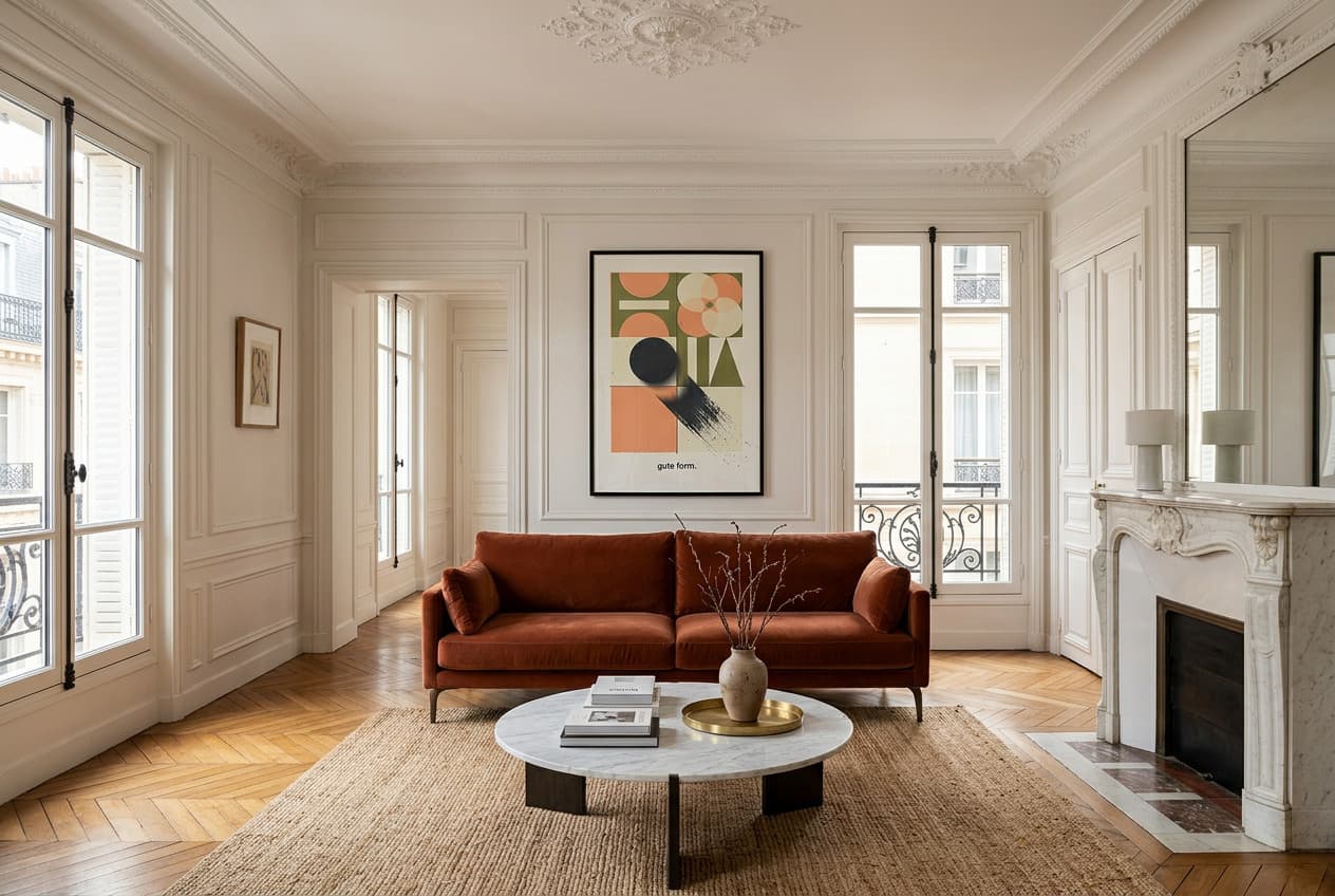 Parisian decor idea: “Poster Bauhaus Gute Form” in a living room