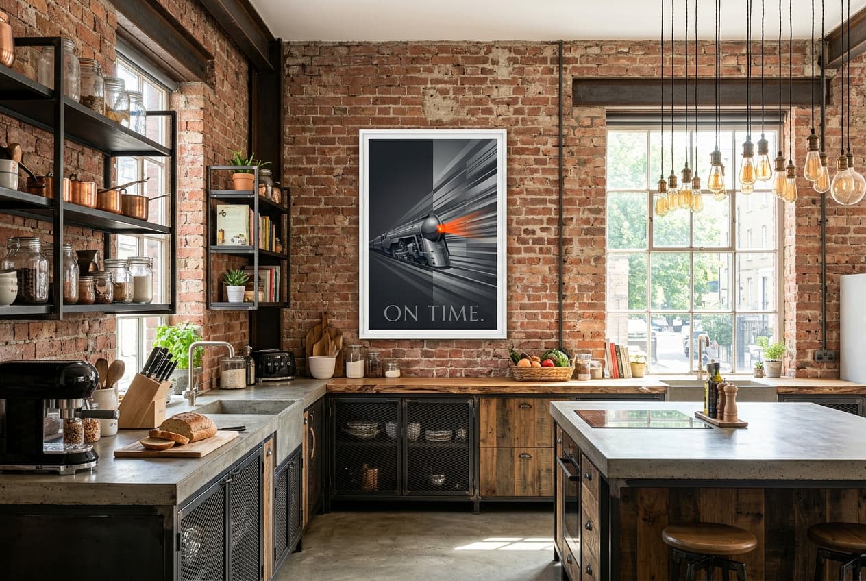 Industrial decor idea: “Poster Train On Time” in a kitchen