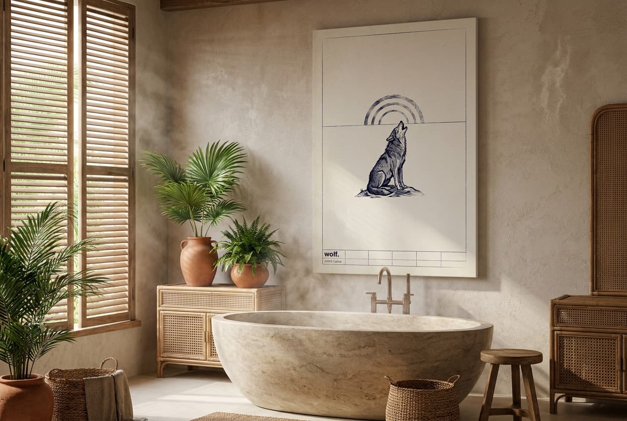 Tropical decor idea: “Canvas Wolf Canis Lupus” in a bathroom