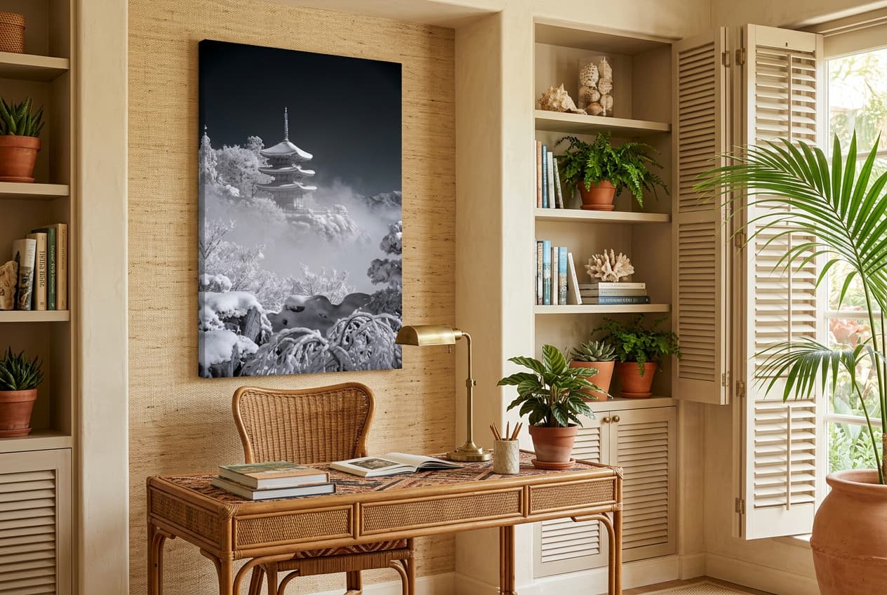 Tropical decor idea: “Canvas Snowy Pagoda” in a home office