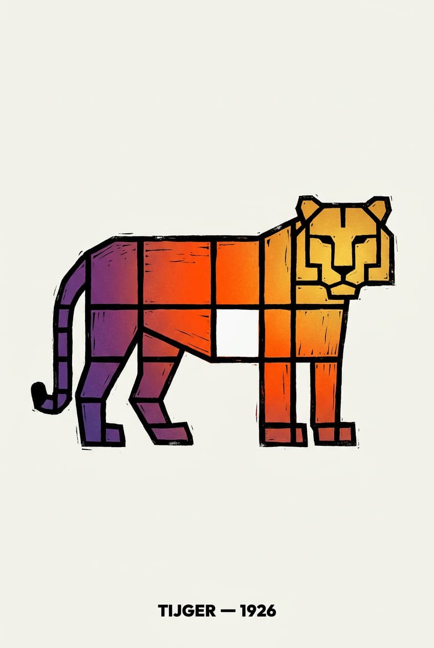 Canvas print of a tiger's face within a grid, set against a vibrant sunset background.