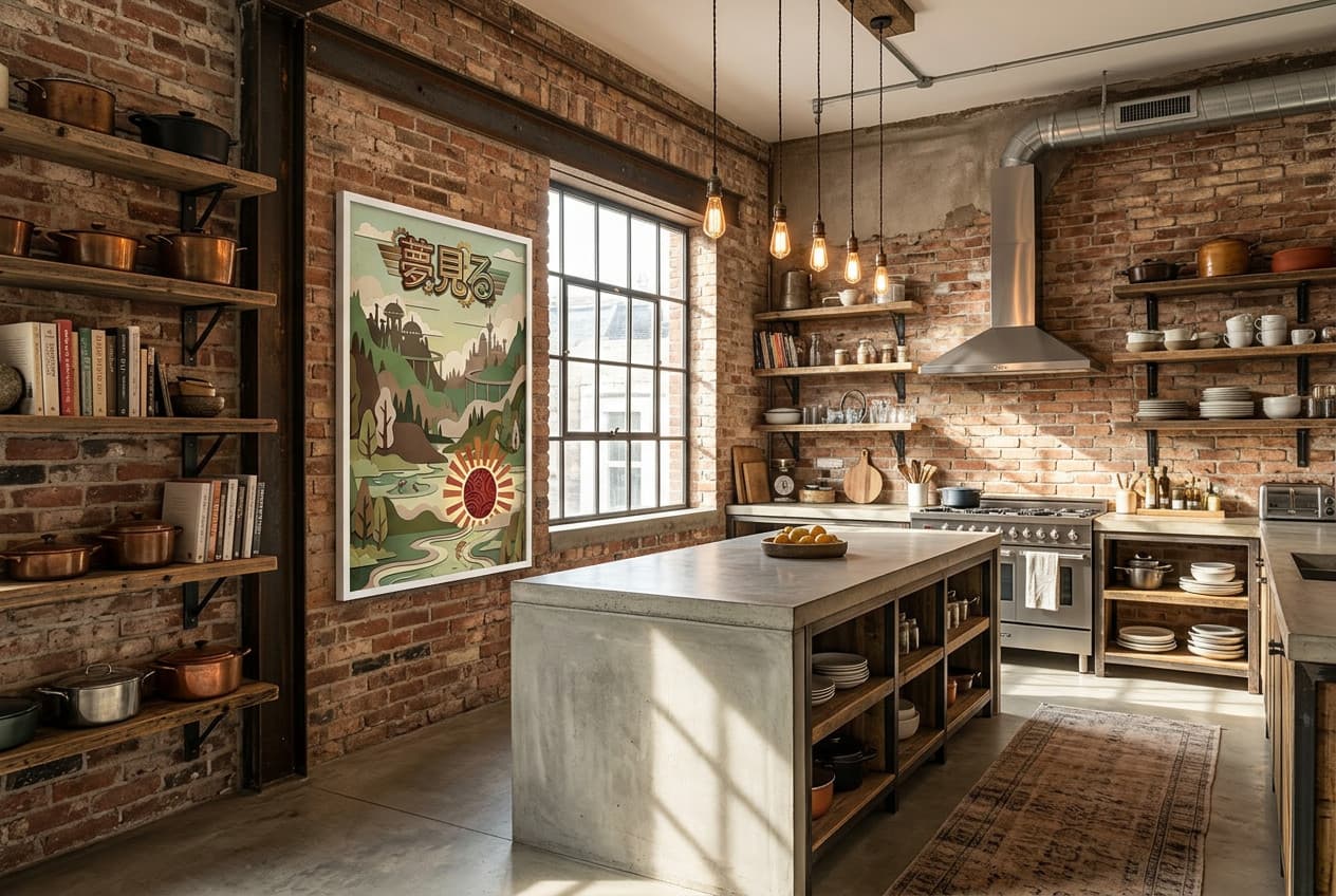 Industrial decor idea: “Poster Koi and Red Sun” in a kitchen
