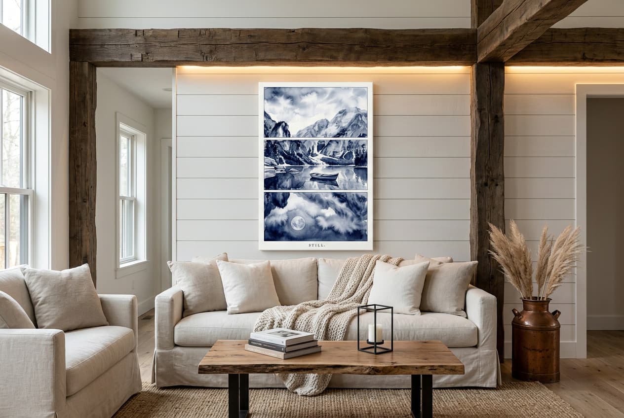 Farmhouse decor idea: “Canvas Watercolor Landscape Still” in a living room