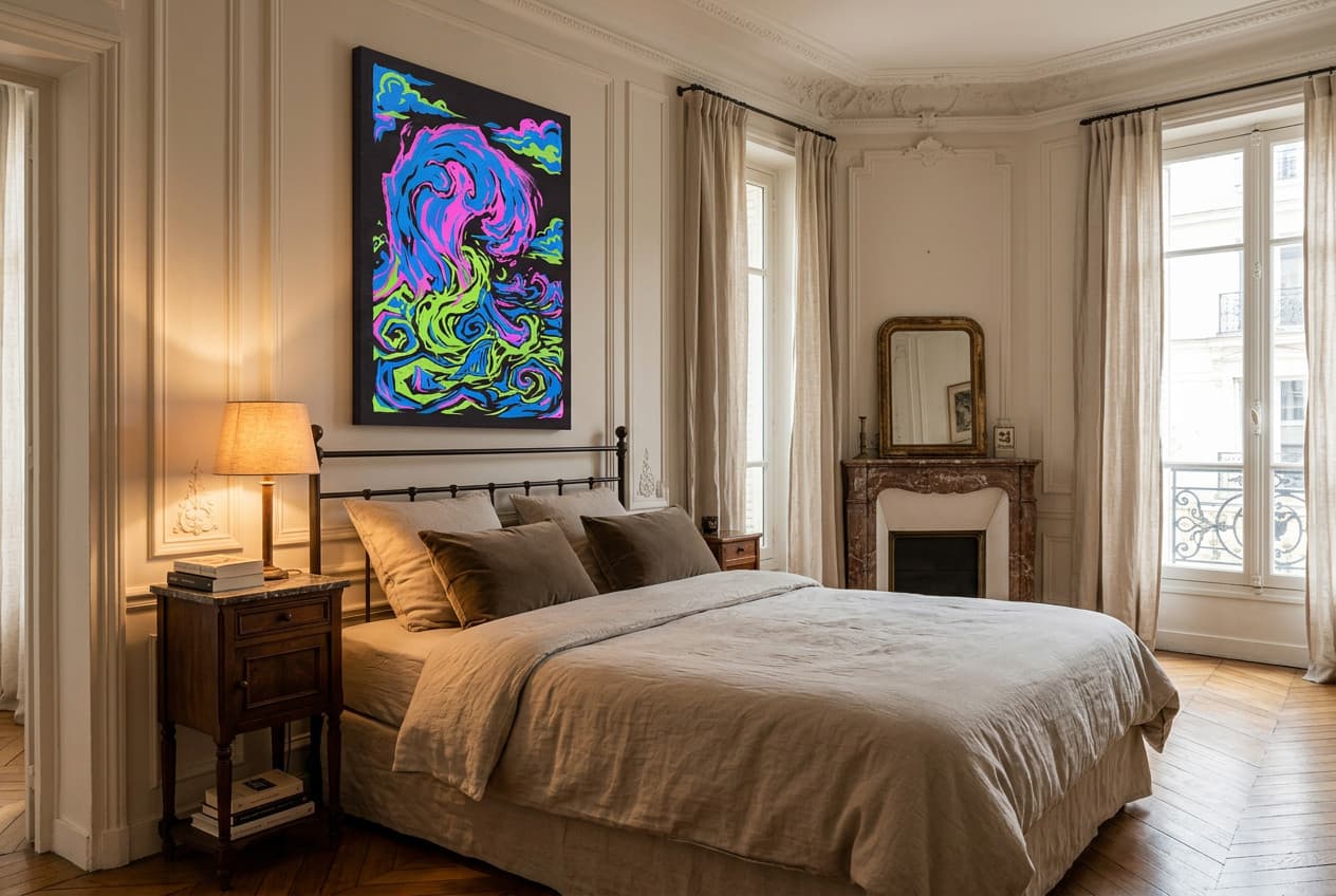 Parisian decor idea: “Canvas The Great Wave” in a bedroom