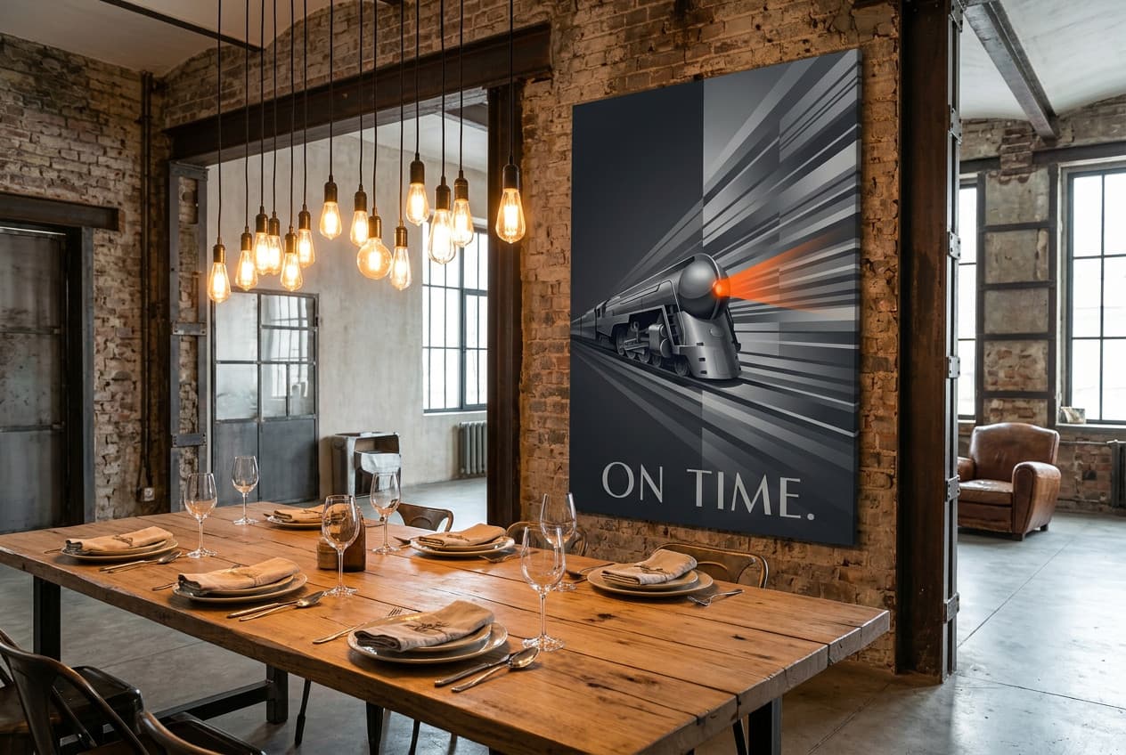 Industrial decor idea: “Canvas Train On Time” in a dining room