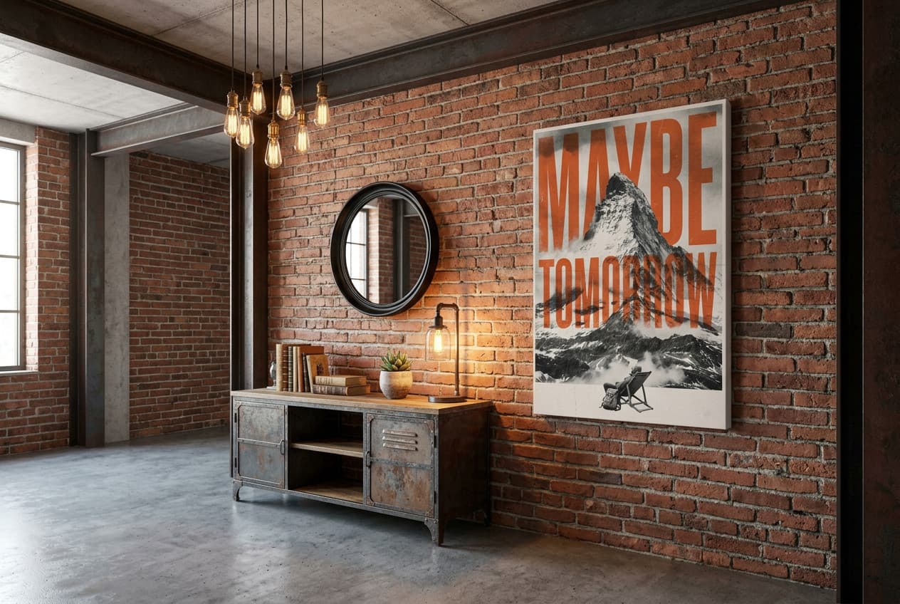 Industrial decor idea: “Canvas Mountain Maybe Tomorrow” in a hallway