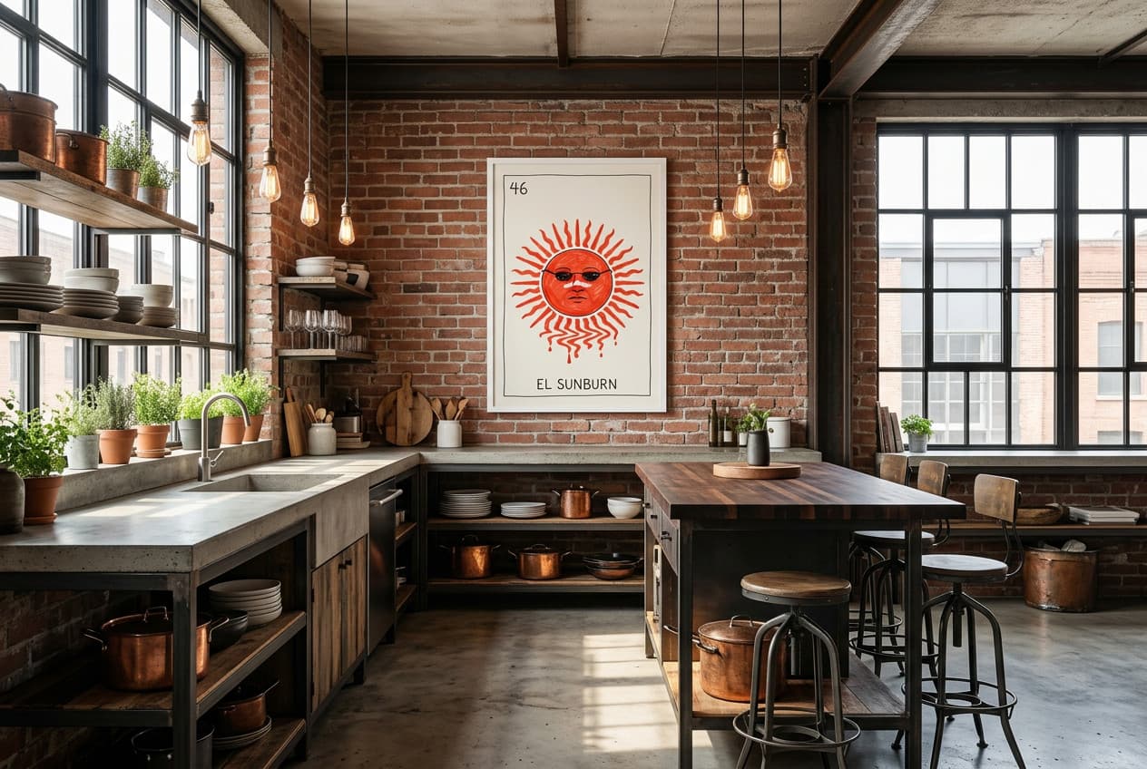 Industrial decor idea: “Poster Sun El Sunburn” in a kitchen