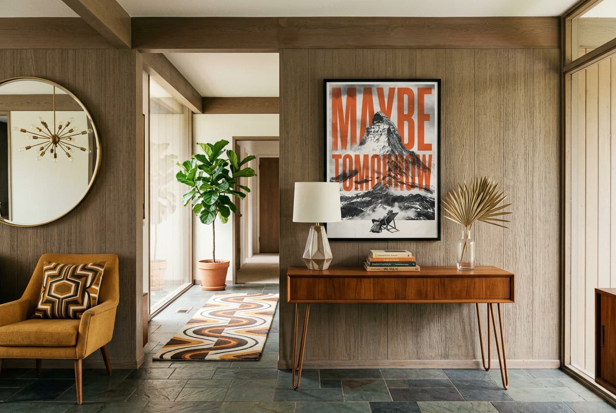 Mid-century decor idea: “Poster Mountain Maybe Tomorrow” in a hallway