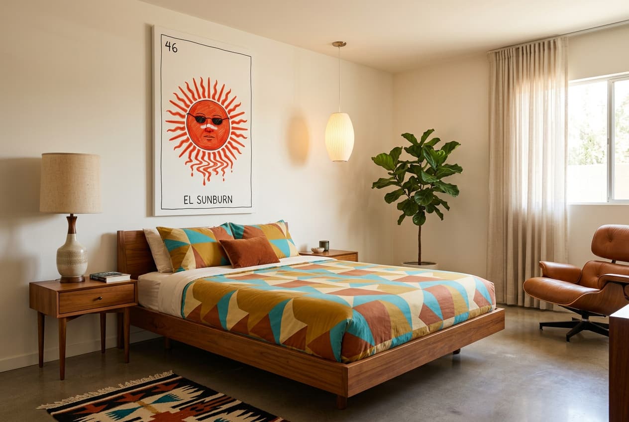 Mid-century decor idea: “Canvas Sun El Sunburn” in a bedroom