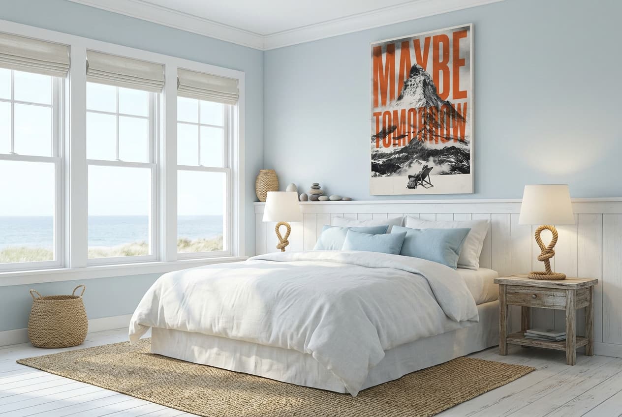Coastal decor idea: “Canvas Mountain Maybe Tomorrow” in a bedroom