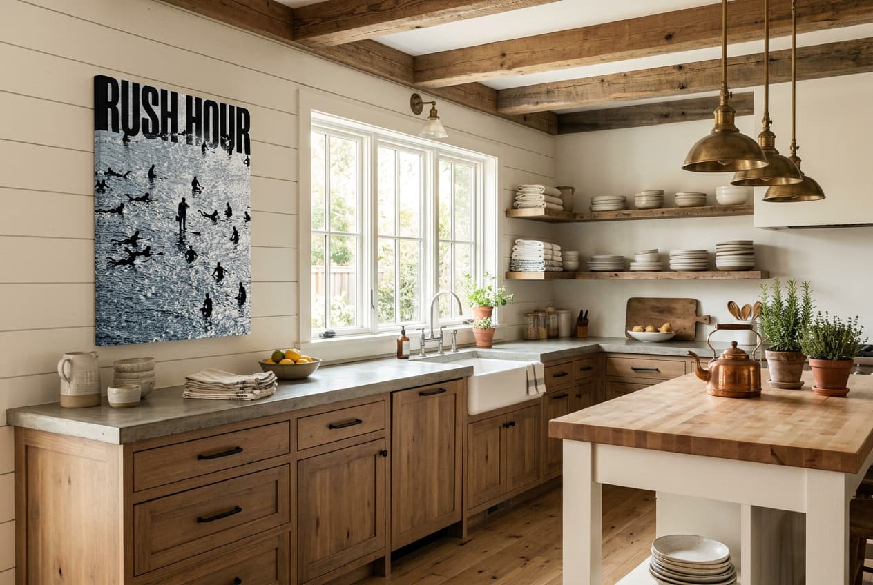 Farmhouse decor idea: “Canvas Surf Rush Hour” in a kitchen