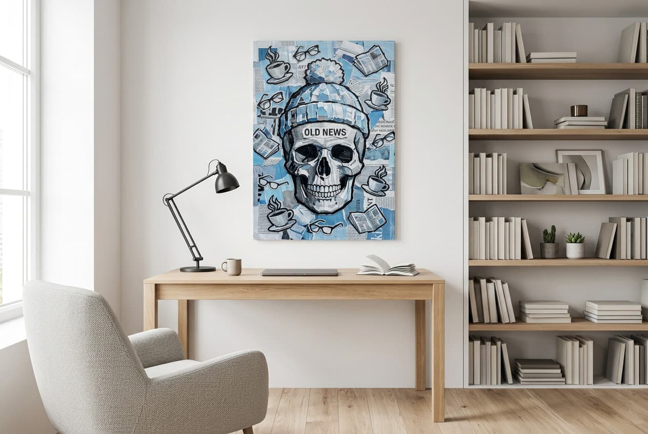 Scandinavian decor idea: “Canvas Skull Old News” in a home office