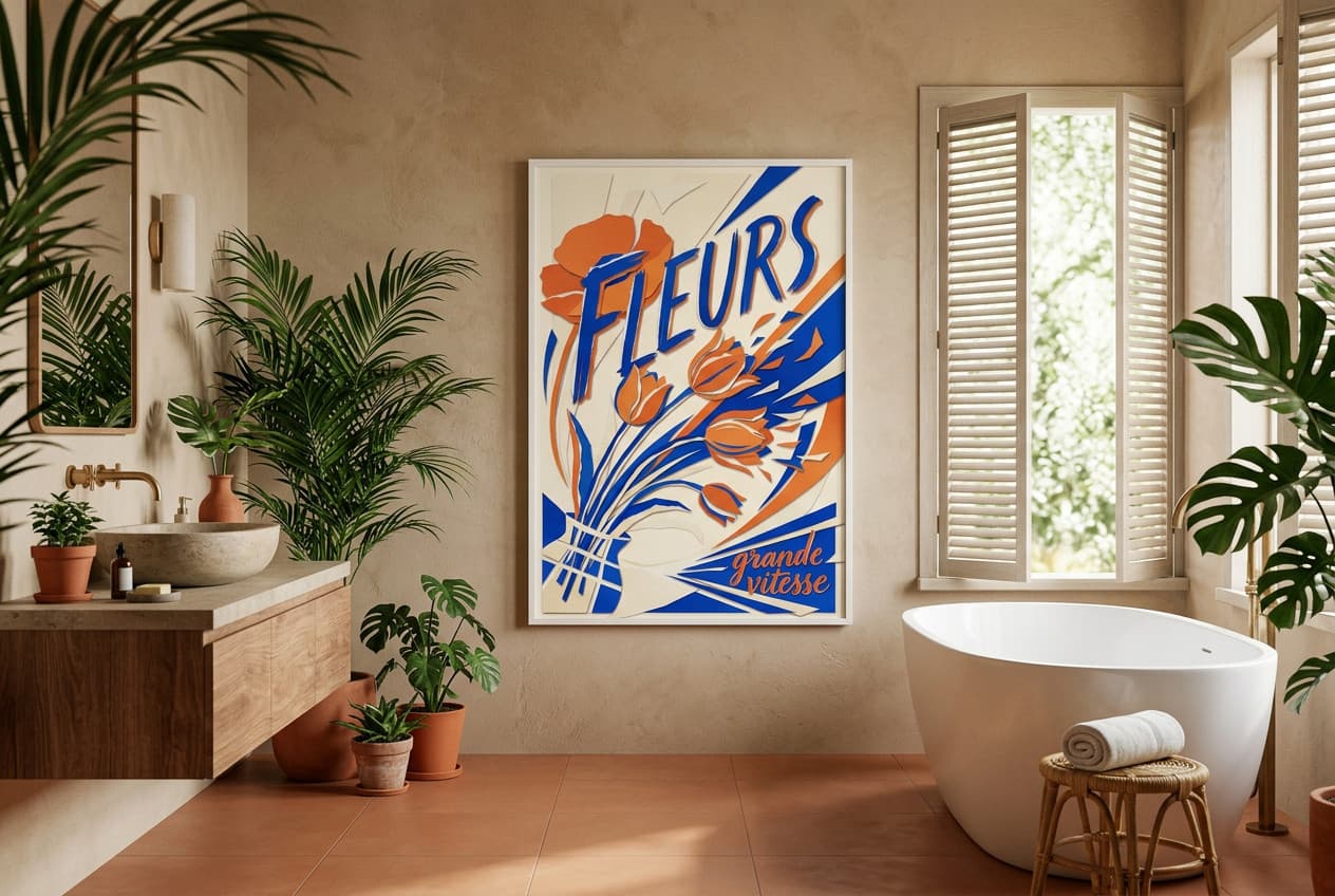 Tropical decor idea: “Poster Flowers Full Speed” in a bathroom