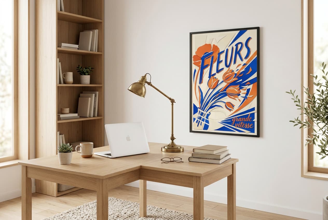 Scandinavian decor idea: “Poster Flowers Full Speed” in a home office