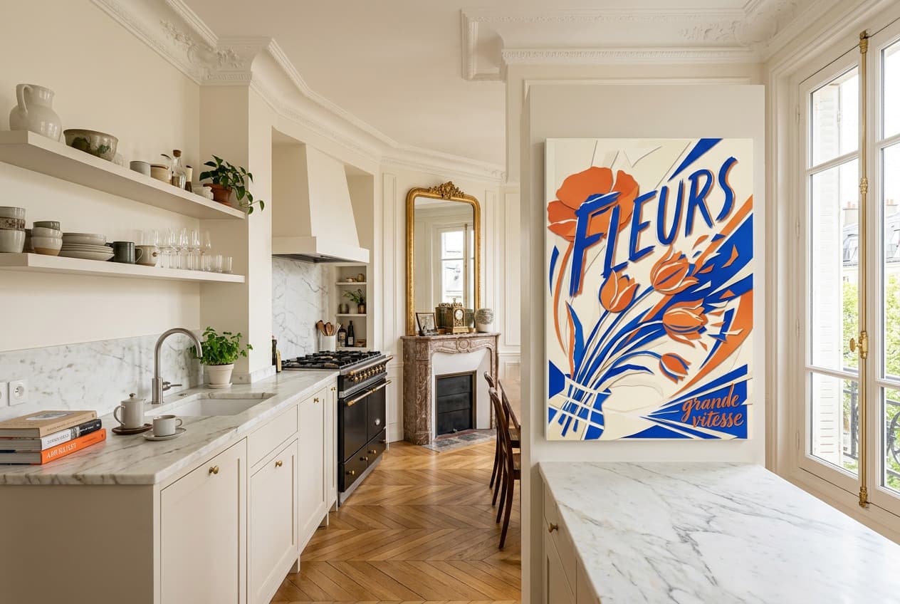 Parisian decor idea: “Canvas Flowers Full Speed” in a kitchen