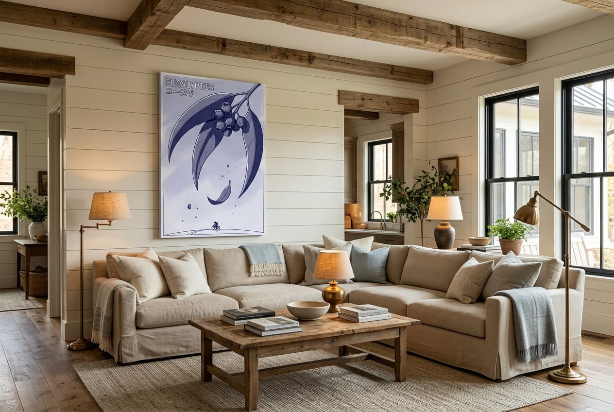 Farmhouse decor idea: “Canvas Eucalyptus Giant Canopy” in a living room